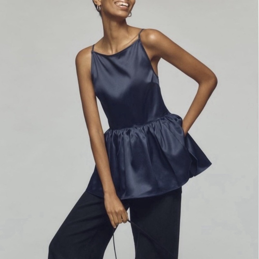 ANTHROPOLOGIE‎ Silky Tulle Navy Shirred Babydoll Peplum Tank Top Size S NWT